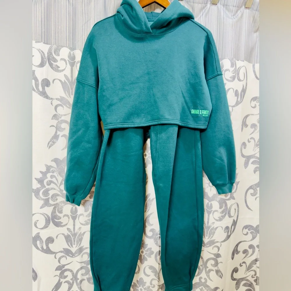 Savage X Fenty Women's Fleece Cropped Hoodie Matching Joggers Tracksuit Set Sz S